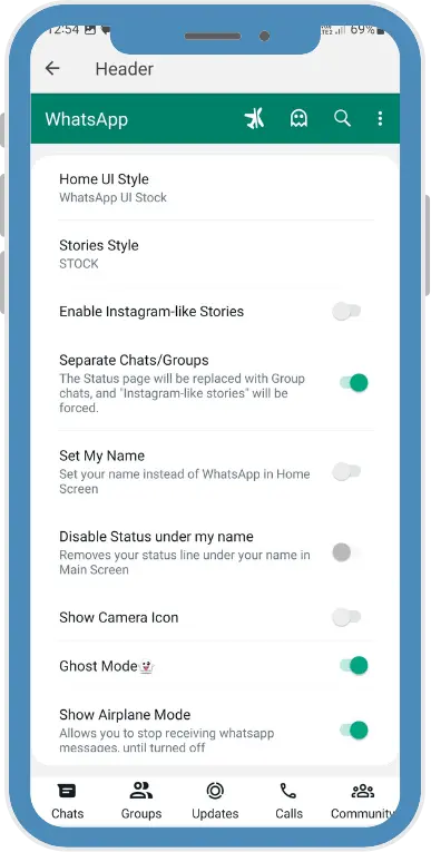 header settings of whatsapp plus antiban