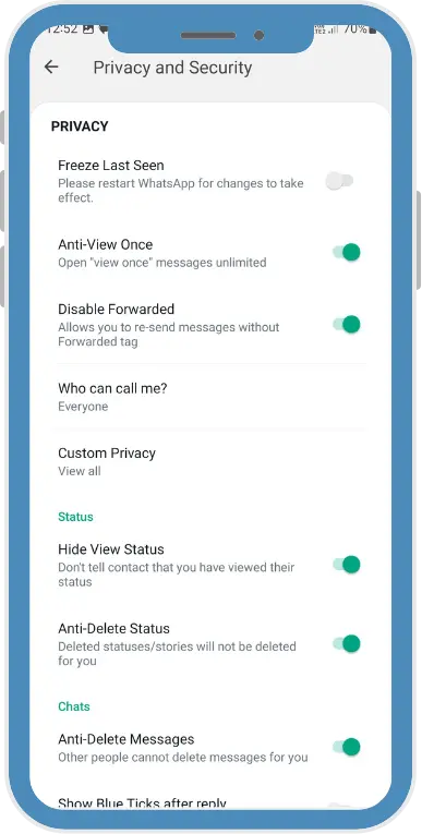 whatsapp plus alexmods privacy options